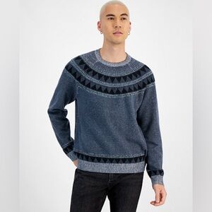 Sun + Stone Men's Alec Fair Isle Crewneck Sweater in blue size large